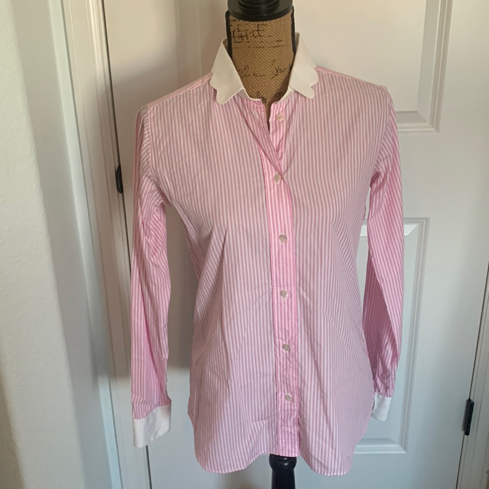 Kiel James Patrick Pink & White Pinstripe Scallop Oxford Shirt.